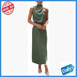 Satin Maxi Dress Sleeveless Mock Neck Formal Cocktail Party Summer
